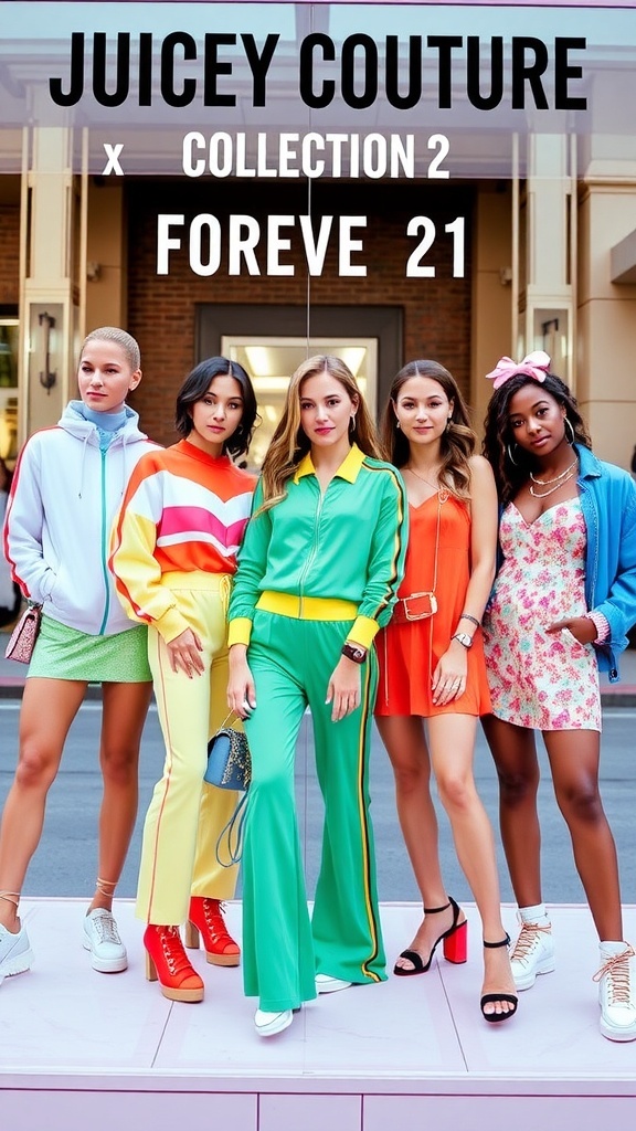 Juicy Couture x Forever 21 collection with colorful tracksuits and trendy accessories displayed in an urban setting.